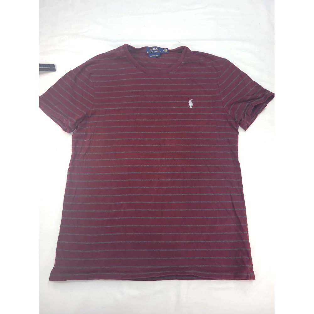 Polo Ralph Lauren T Shirt M Burgundy Charcoal Striped Slim Fit Crew Neck